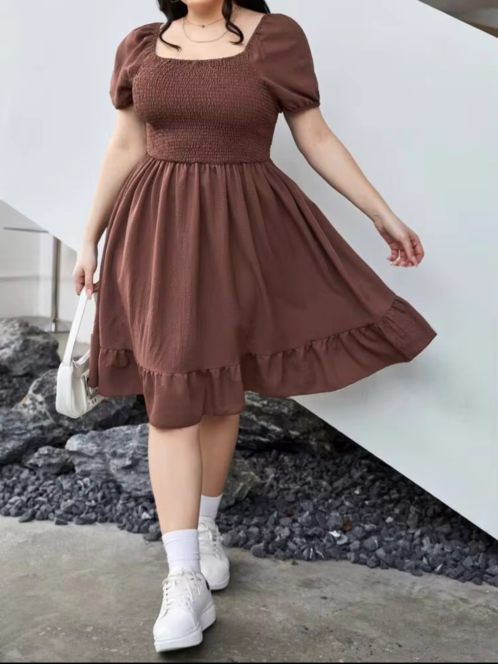 SHEIN 4X Brown Smocked Puff Sleeve Ruffle Hem Dress